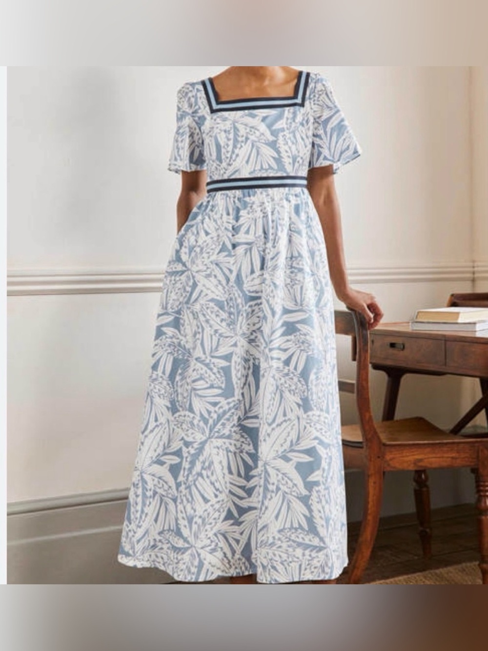 Boden Stripe Detail Maxi dress Mountain Spring Exotic Leaves 10 Square neckline